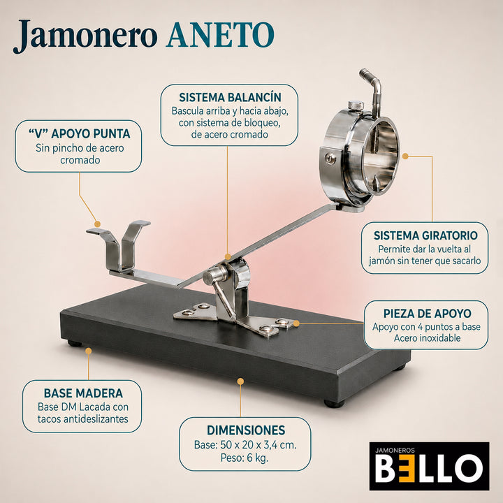 BELLO Aneto - Soporte Jamonero Basculante DM Acero Inoxidable Cabezal Giratorio