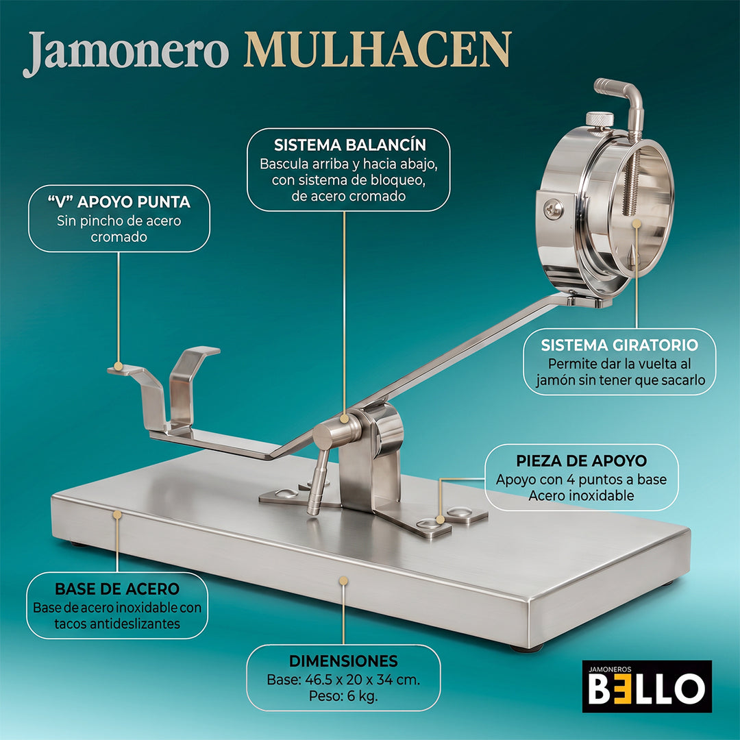 BELLO Mulhacén - Soporte Jamonero Basculante en Acero Inoxidable con Cabezal Giratorio