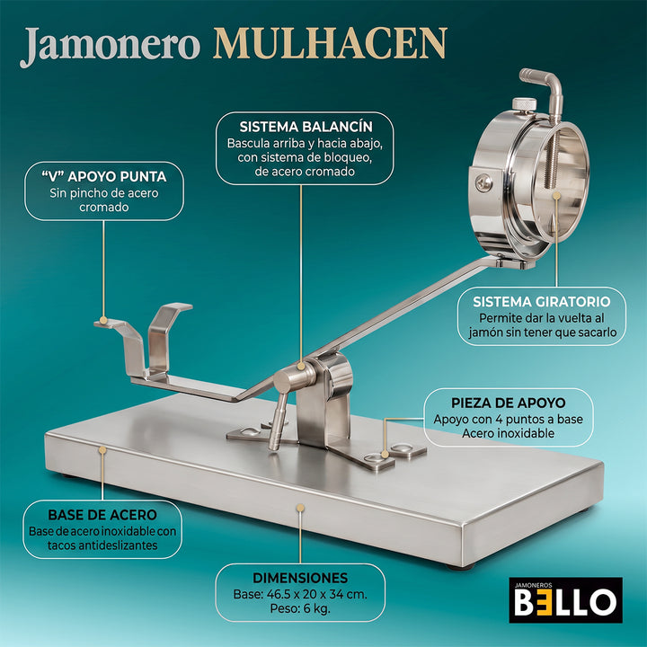 BELLO Mulhacén - Soporte Jamonero Basculante en Acero Inoxidable con Cabezal Giratorio