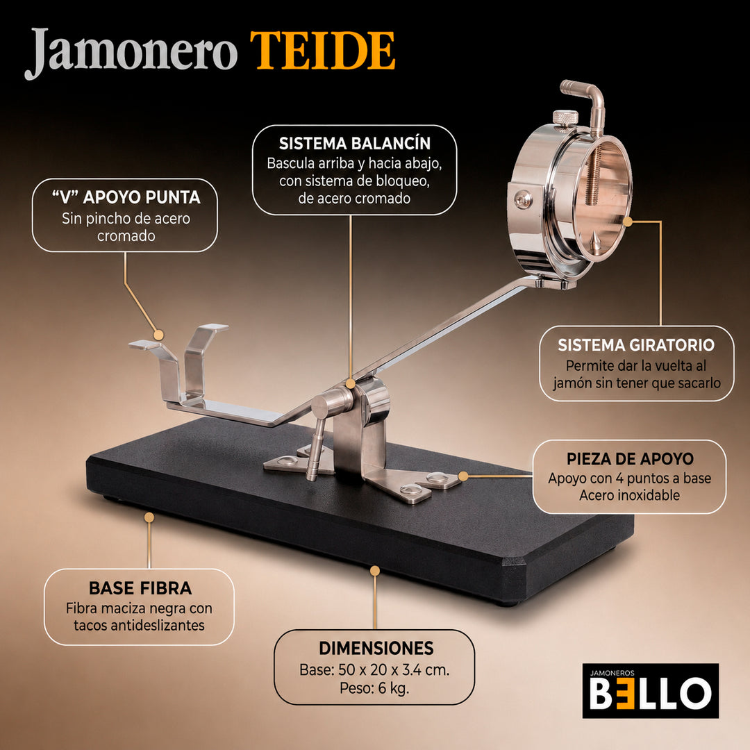 BELLO Teide - Soporte Jamonero Basculante. Fibra y Acero Inoxidable Cabezal Giratorio