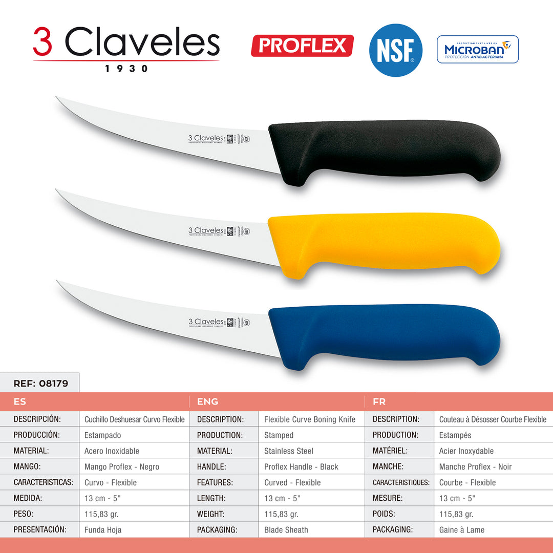 3 Claveles Proflex - Juego de 3 Cuchillos Profesional Deshuesador Curvo 13 cm Microban