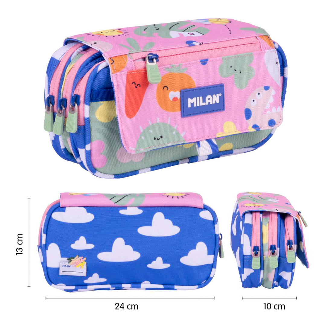 ColePack PRO Milan - Estuche Triple de 3 Cremalleras y Material Escolar Incluido. Green Grow