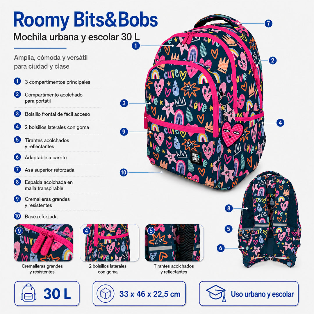 Grafoplás - Mochila Escolar 3 Cremalleras con Divisor Portátil y Adaptable Carrito. Cute