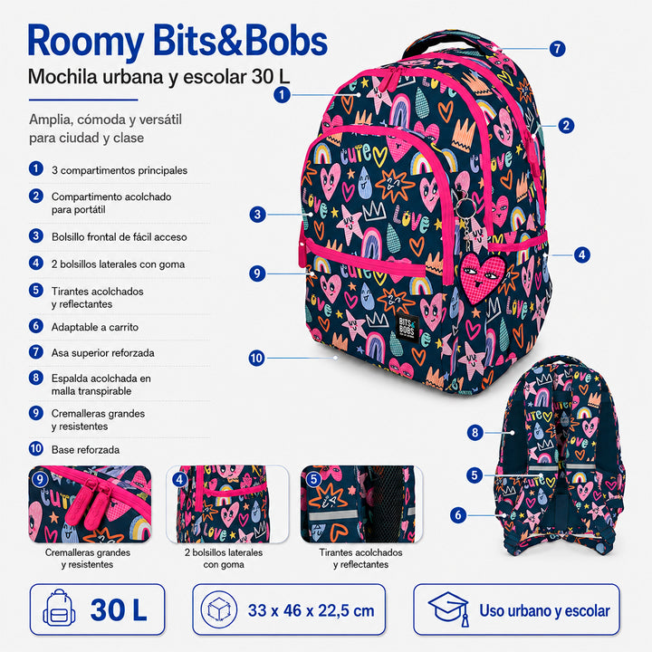 Grafoplás - Mochila Escolar 3 Cremalleras con Divisor Portátil y Adaptable Carrito. Cute