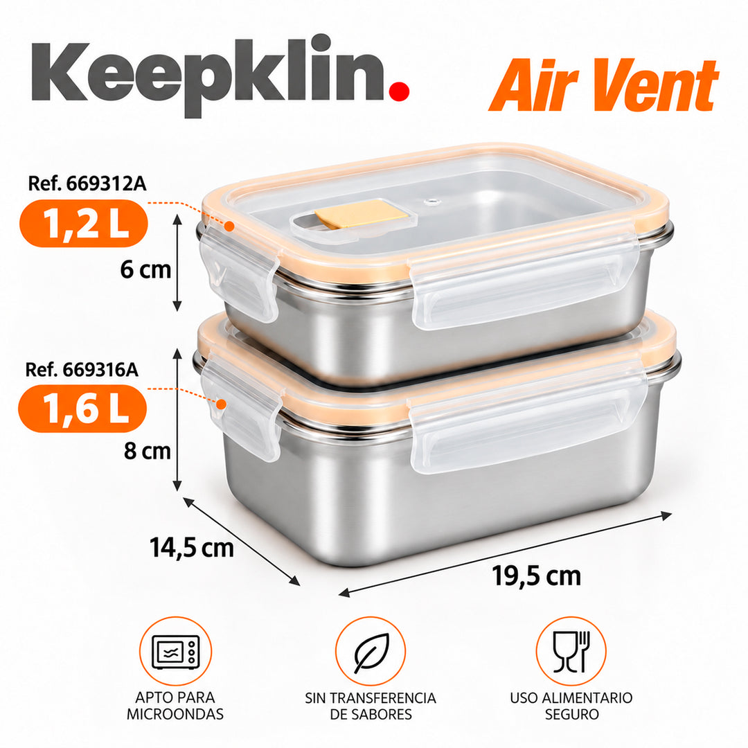 IBILI Keepklin Air Vent - Lote de Recipientes Rectangulares en Acero Inoxidable Aptos Microondas