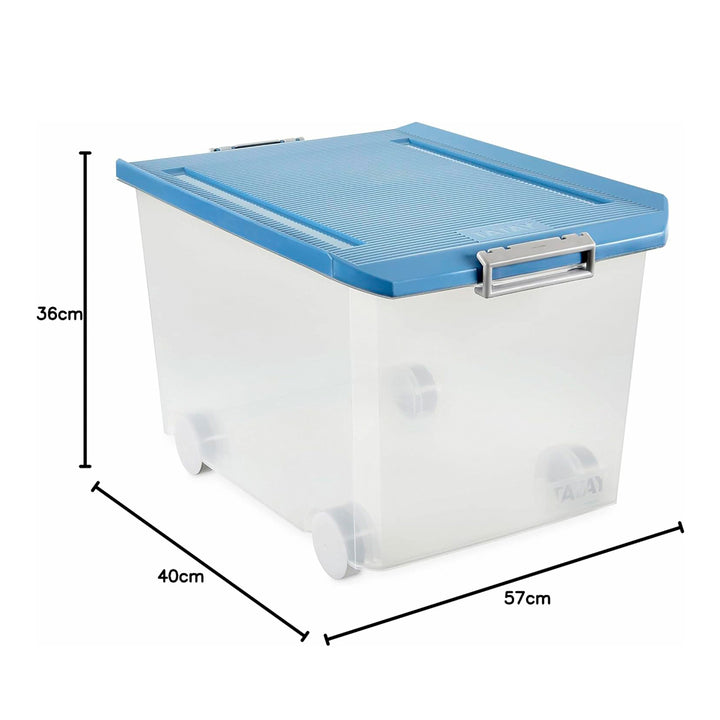 TATAY - Caja de Ordenación Multiusos de 60L con Cierre Hermético, Ruedas y Asas. Azul Paloma
