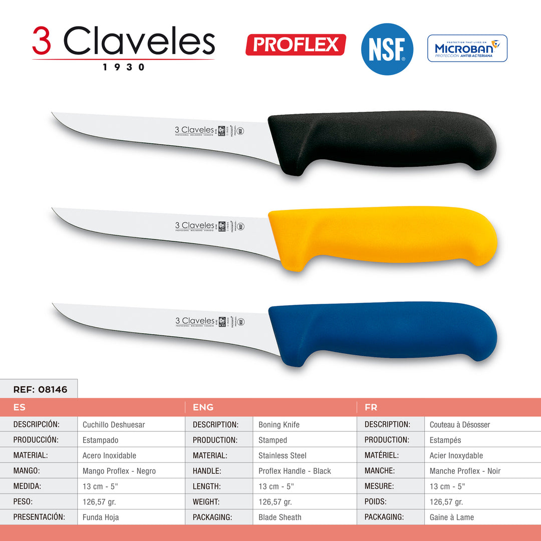 3 Claveles Proflex - Juego de 3 Cuchillos Profesionales Deshuesadores de 13 cm Microban