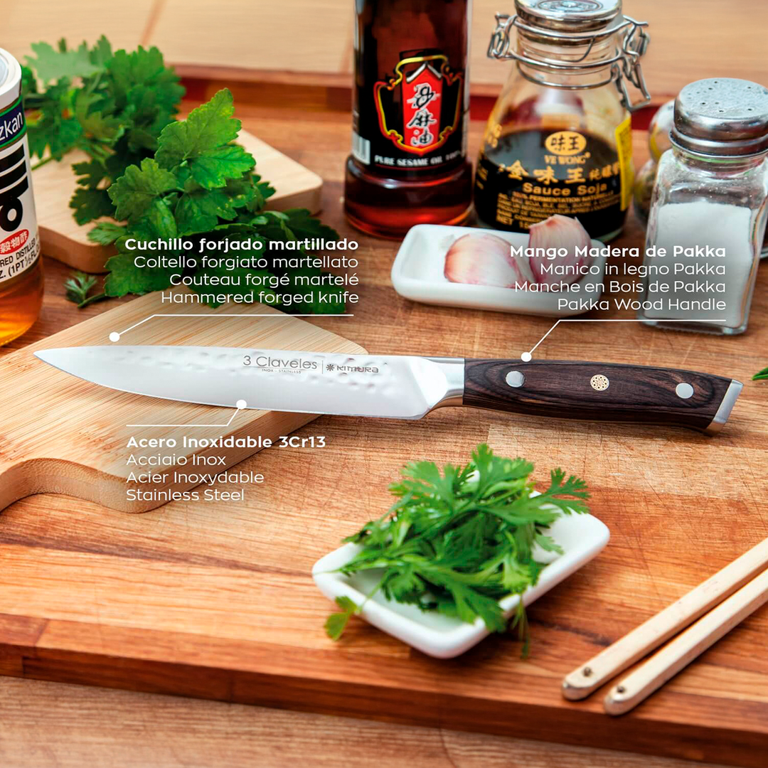 3 Claveles Kimura - Cuchillo Cocina 13 cm Acero Forjado Hoja Martilleada Mango Pakka