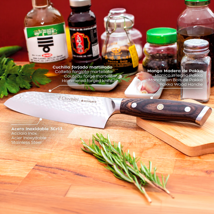 3 Claveles Kimura - Cuchillo Santoku 17.5 cm Acero Forjado Hoja Martilleada Mango Pakka