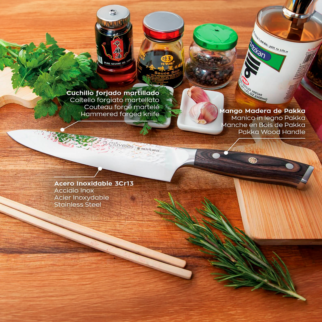 3 Claveles Kimura - Cuchillo Cocinero 20 cm Acero Forjado Hoja Martilleada Mango Pakka
