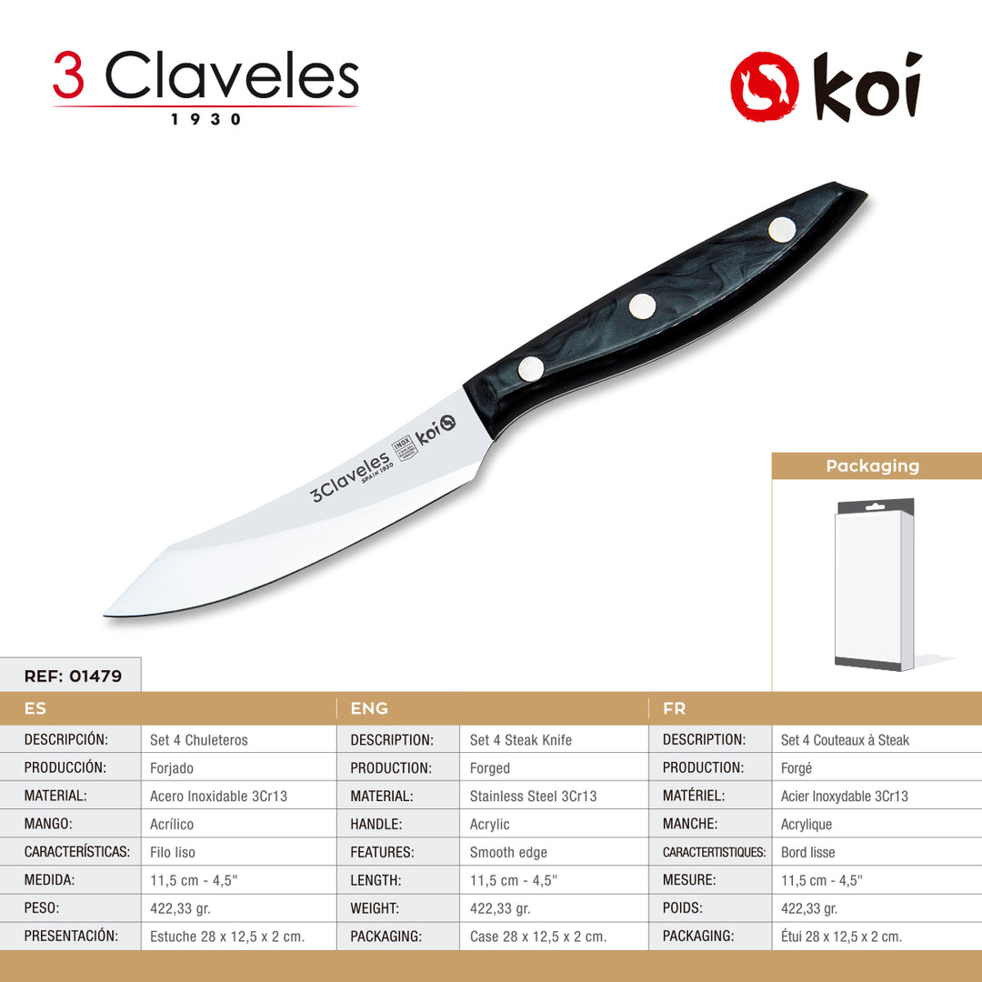 3 Claveles Koi - Set de 4 Cuchillos Chuleteros Lisos 11.5 cm en Acero Inox. Mango Negro