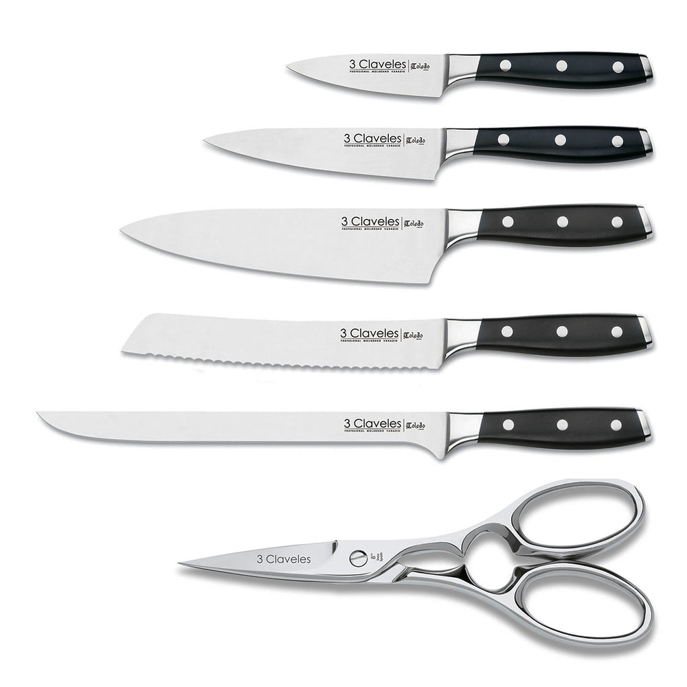 3 Claveles Toledo - Juego de 5 Cuchillos de Cocina y Tijeras. Taco ASH. Forjados en Caliente