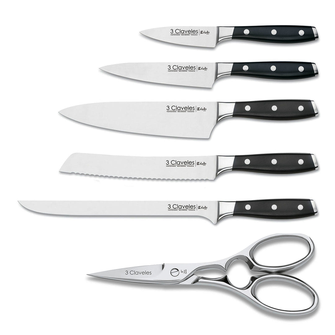 3 Claveles Toledo - Juego de 5 Cuchillos de Cocina y Tijeras. Taco ASH. Forjados en Caliente
