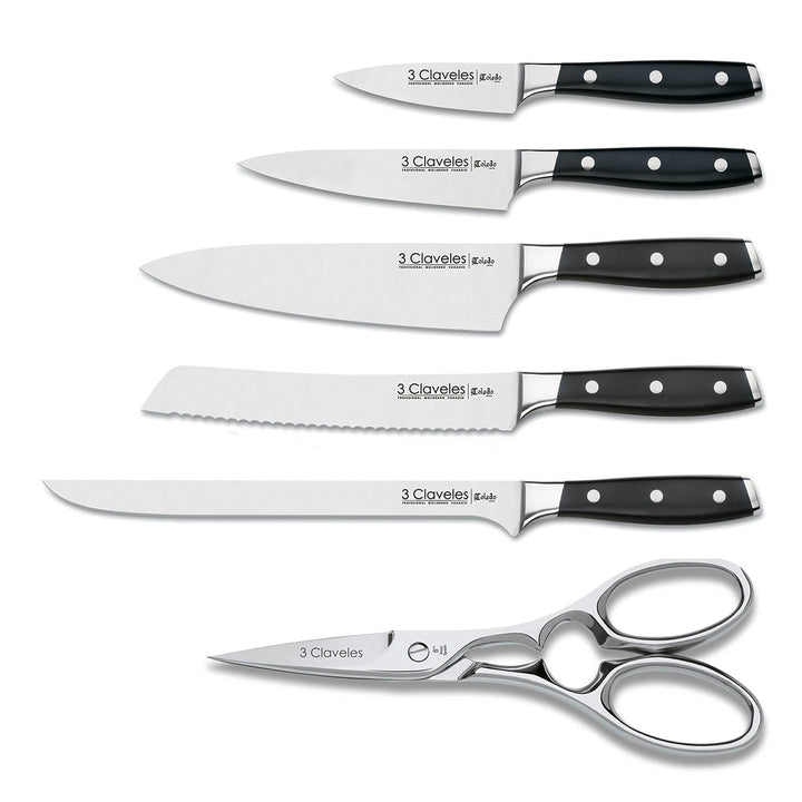 3 Claveles Toledo - Juego de 5 Cuchillos de Cocina y Tijeras. Taco ASH. Forjados en Caliente