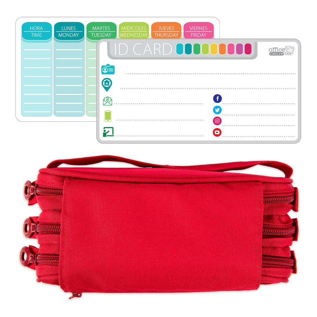 ColePack Eco - Estuche Triple de 3 Cremalleras con Material Escolar Incluido. Rojo