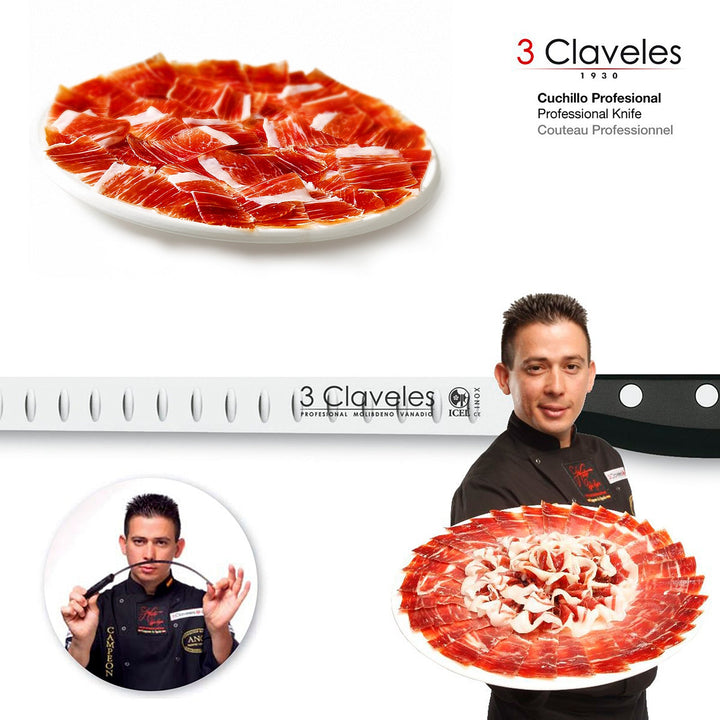 3 Claveles POM - Cuchillo Jamonero Alveolado Profesional 29 cm Acero Inoxidable