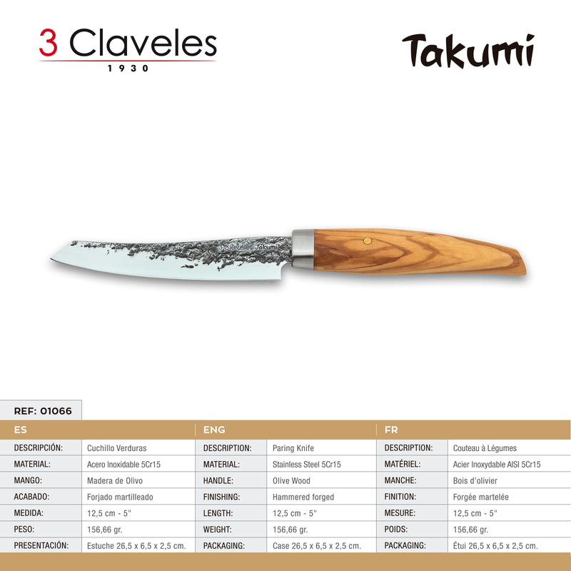 3 Claveles Takumi - Cuchillo Verduras 12.5 cm de Acero Forjado con Hoja Martilleada