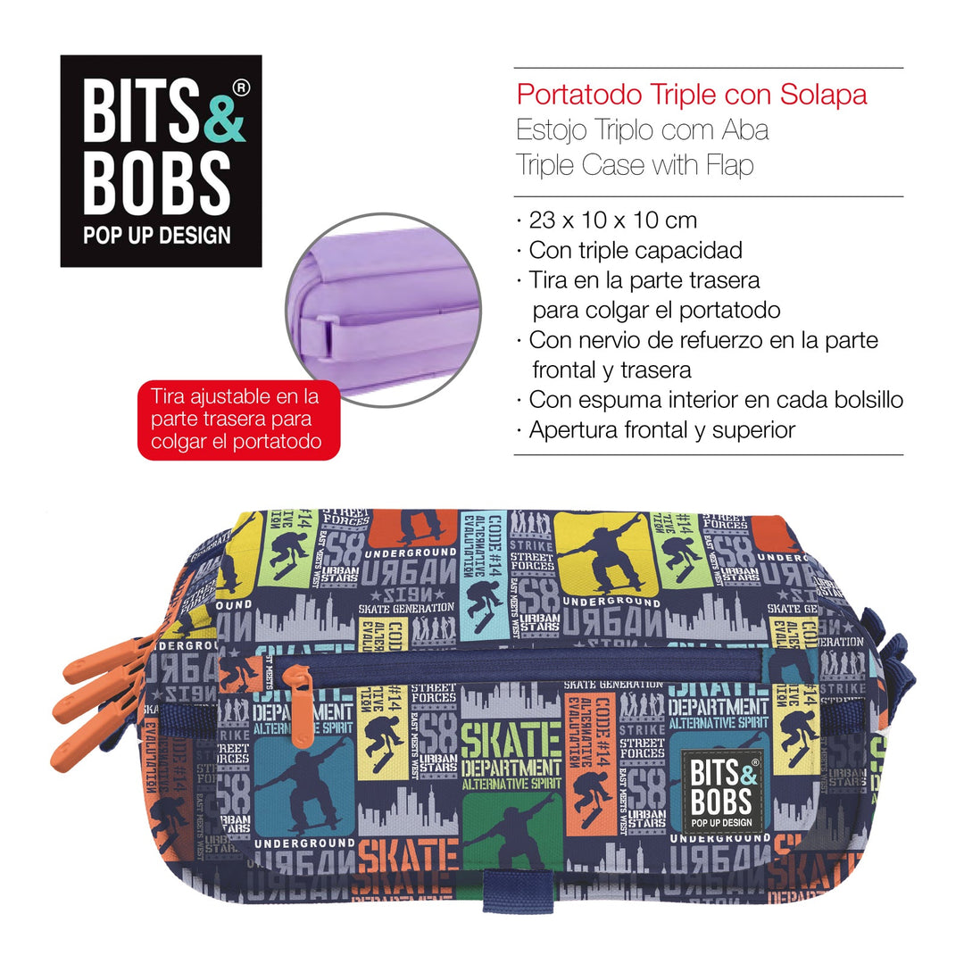 Grafoplás Design - Estuche Portatodo Triple con Solapa para Material Escolar. Skate