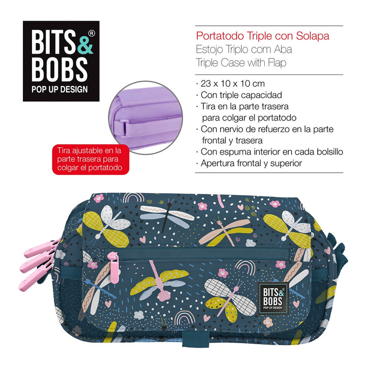 Grafoplás Design - Estuche Portatodo Triple con Solapa para Material Escolar. Dragon Fly