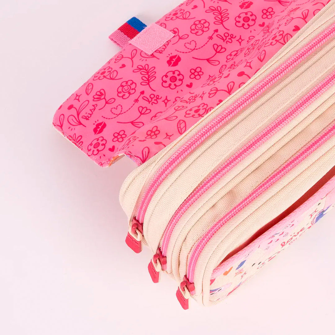 Milan Flowicorn - Estuche Portatodo Triple con Cuatro Cremalleras para Material Escolar