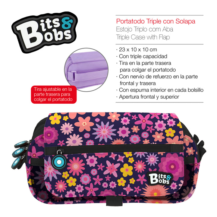 Grafoplás BitsBobs - Estuche Portatodo Triple con Solapa para Material Escolar. Flowers