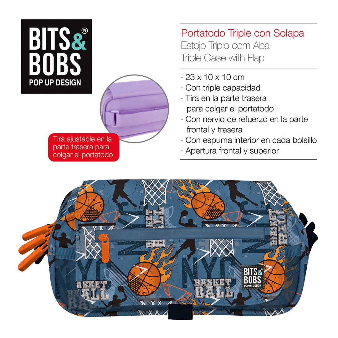 Grafoplás Design - Estuche Portatodo Triple con Solapa para Material Escolar. Basketball