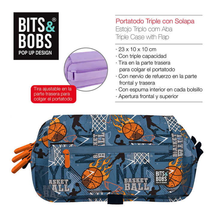 Grafoplás Design - Estuche Portatodo Triple con Solapa para Material Escolar. Basketball