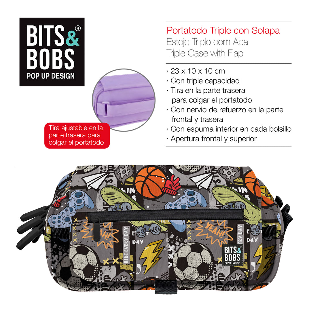 Grafoplás Design - Estuche Portatodo Triple con Solapa para Material Escolar. Free Sport