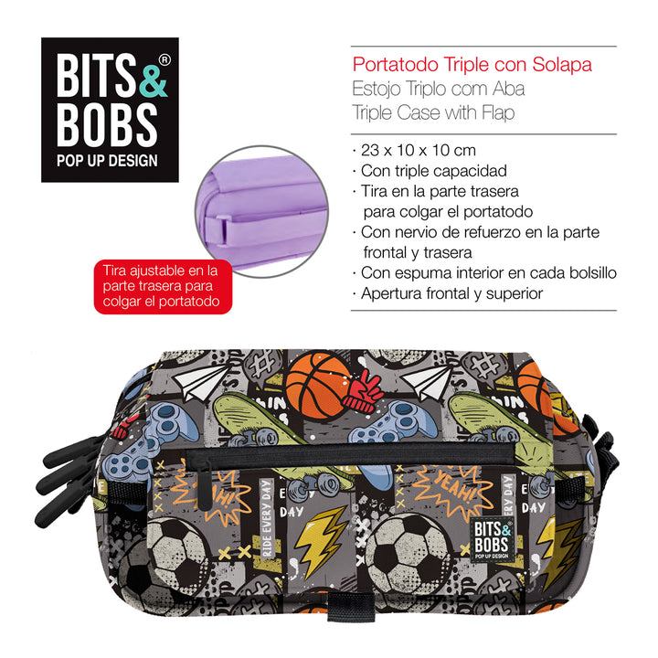 Grafoplás Design - Estuche Portatodo Triple con Solapa para Material Escolar. Free Sport