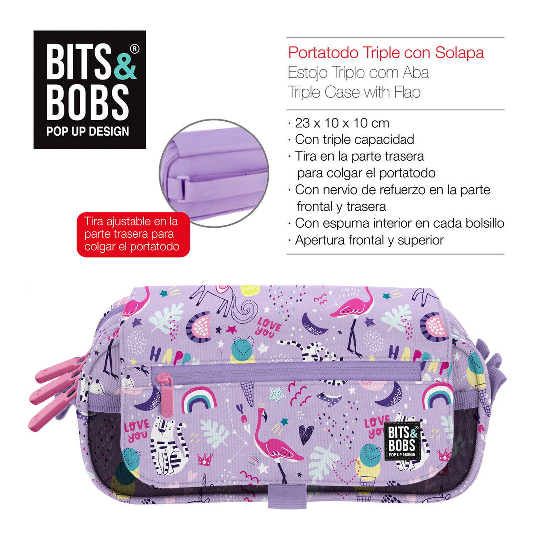 ColePack EcoDes - Estuche Triple de 3 Cremalleras con Material Escolar Incluido. Happy