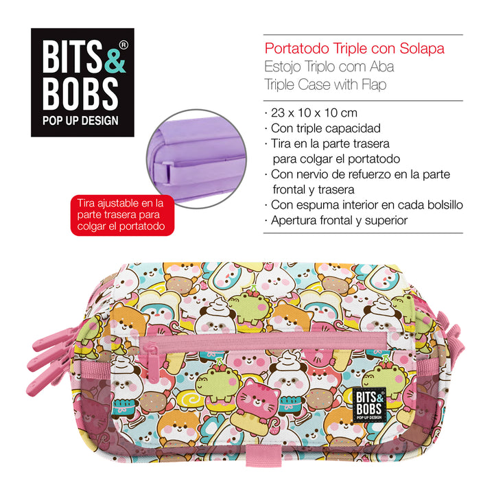 ColePack EcoDes - Estuche Triple de 3 Cremalleras con Material Escolar Incluido. Kawaii