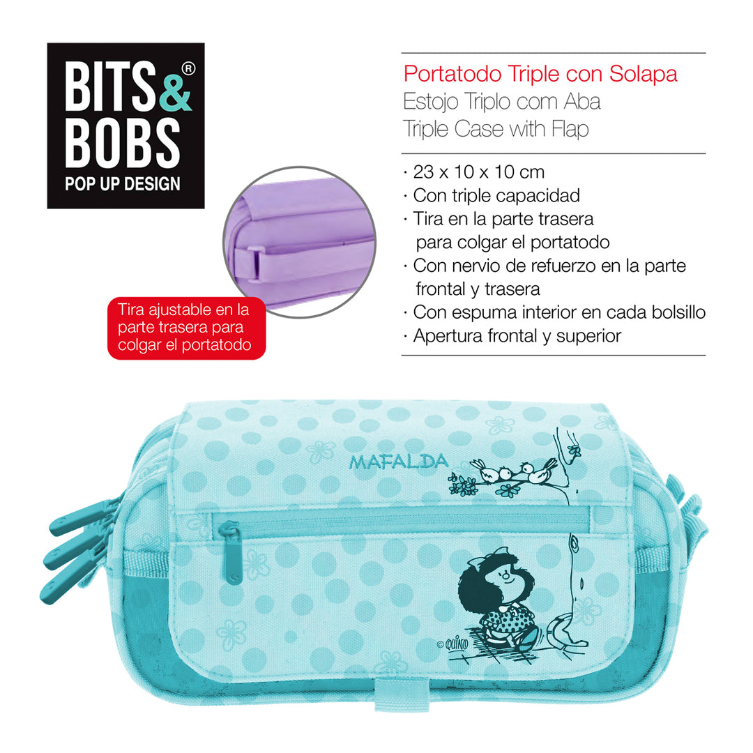 ColePack EcoDes - Estuche Triple de 3 Cremalleras con Material Escolar Incluido. Mafalda Kiss