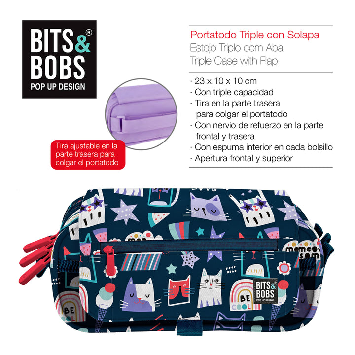 ColePack EcoDes - Estuche Triple de 3 Cremalleras con Material Escolar Incluido. Miau