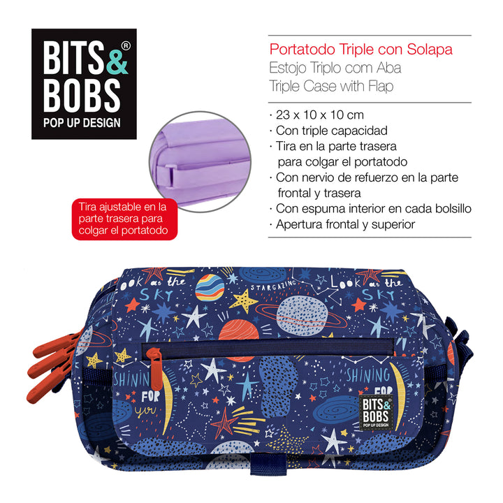 Grafoplás Design - Estuche Portatodo Triple con Solapa para Material Escolar. Planets