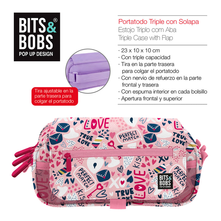ColePack EcoDes - Estuche Triple de 3 Cremalleras con Material Escolar Incluido. True Love