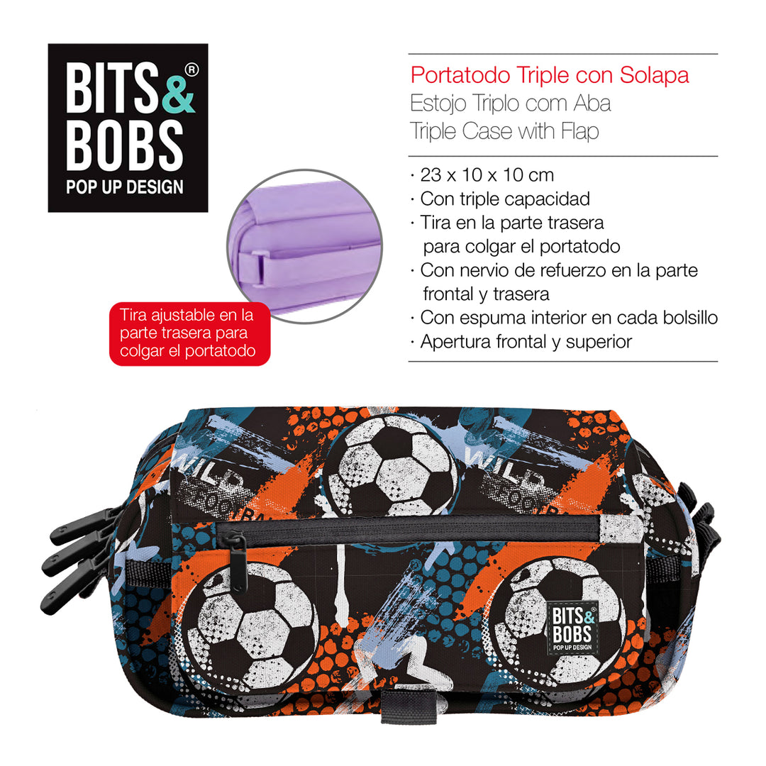 Grafoplás Design - Estuche Portatodo Triple con Solapa para Material Escolar. Wild Football