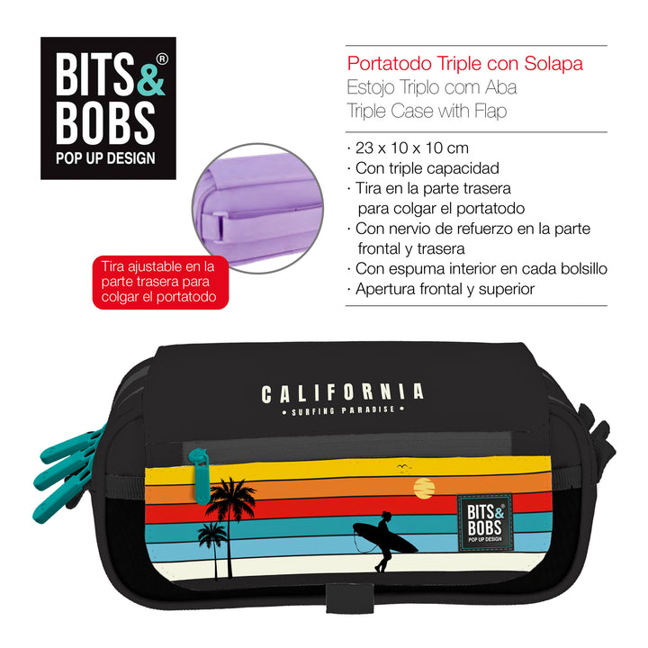 Grafoplás Design - Estuche Portatodo Triple con Solapa para Material Escolar. California