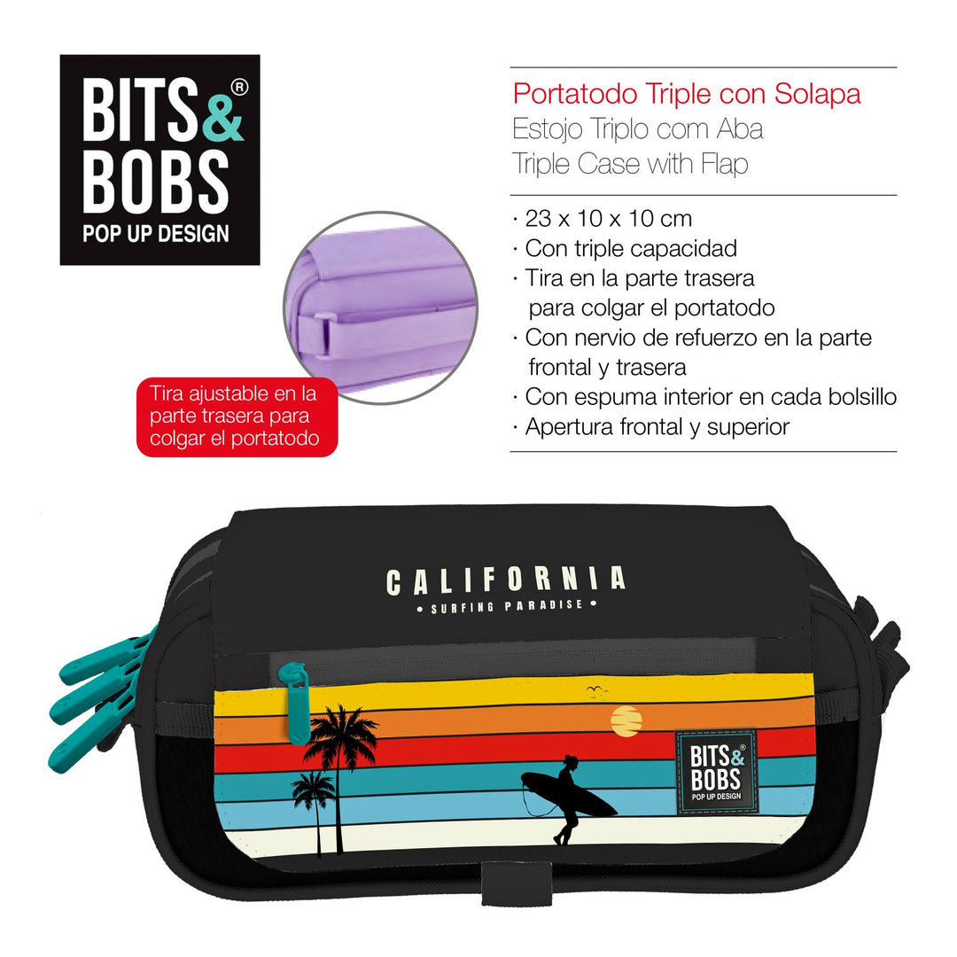 ColePack EcoDes - Estuche Triple de 3 Cremalleras con Material Escolar Incluido. California