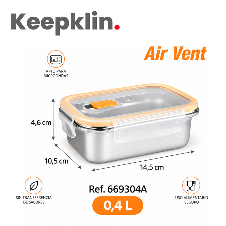 IBILI Keepklin Air Vent - Recipiente Rectangular de 0.4L en Acero Inoxidable Apto Microondas