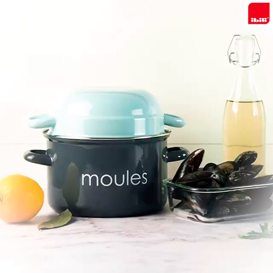 IBILI Moules - Olla de 18 cm para Mejillones en Acero Esmaltado con Tapa Especial. Petrol