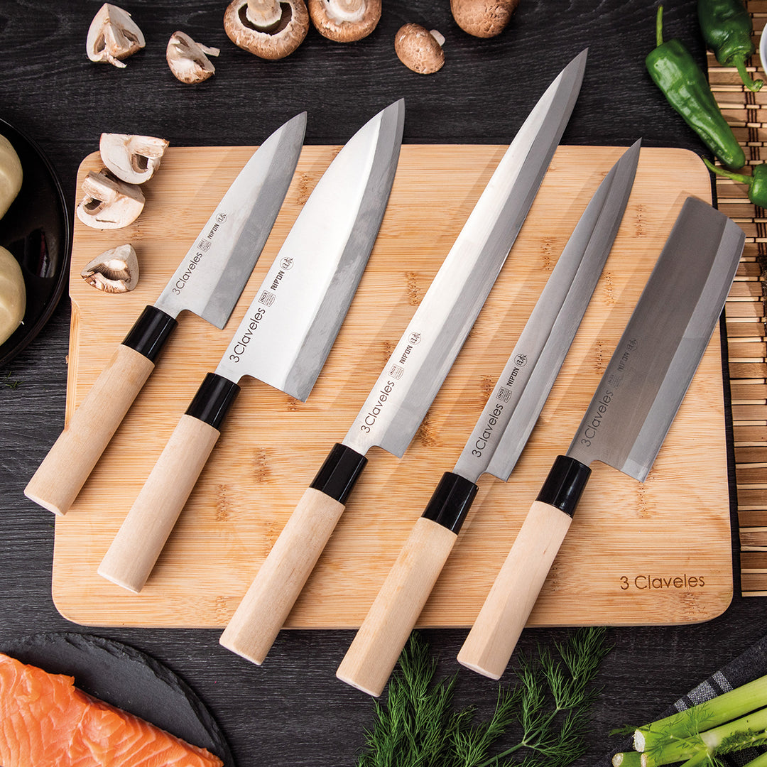 3 Claveles NIPON - Cuchillo Japones Deba 21 cm Acero Inoxidable y Mango Madera de Arce