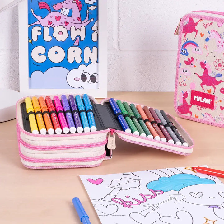 MILAN - Plumier de 3 Pisos con Contenido de 49 Piezas de Material Escolar. Flowicorn Beige