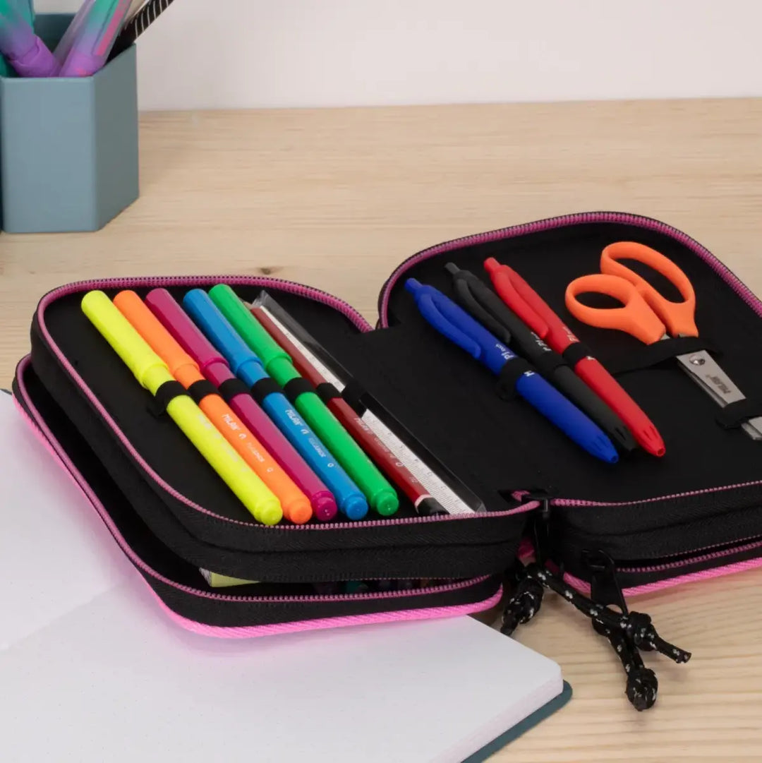 MILAN - Plumier de 3 Pisos con Contenido de 49 Piezas de Material Escolar. Sunset Rosa