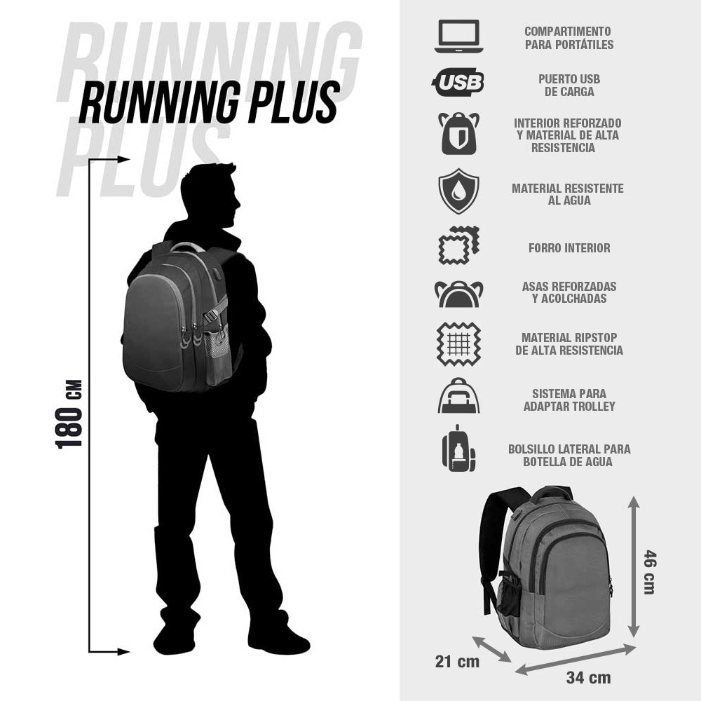 PRODG Rise - Mochila Escolar Impermeable Running Plus para Portatil y USB. Multicolor