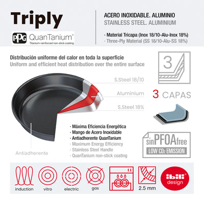 IBILI Triply - Sartén 26 cm en Acero Inoxidable y Antiadherente Quantanium de Triple Capa