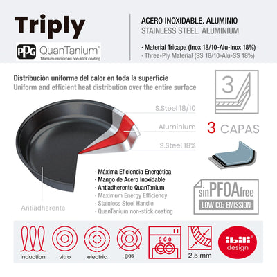 IBILI Triply - Sartén 22 cm en Acero Inoxidable y Antiadherente Quantanium de Triple Capa