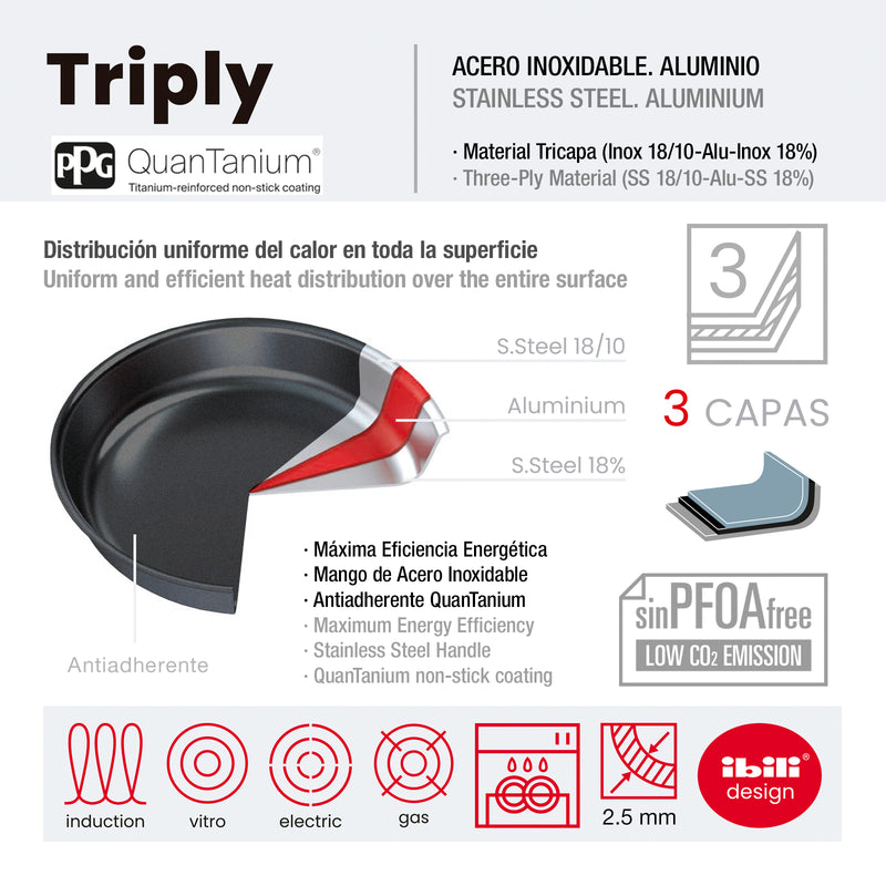 IBILI Triply - Sartén 18 cm en Acero Inoxidable y Antiadherente Quantanium de Triple Capa