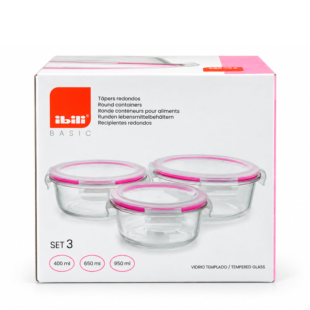 IBILI - Set de 3 Recipientes Redondos en Vidrio Templado. Apilables y Aptos Microondas