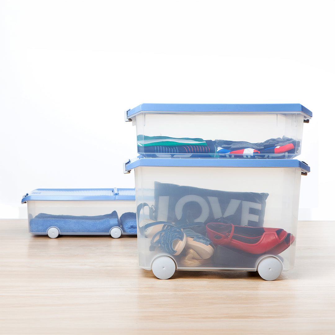TATAY - Caja de Ordenación Multiusos de 60L con Cierre Hermético, Ruedas y Asas. Azul Paloma