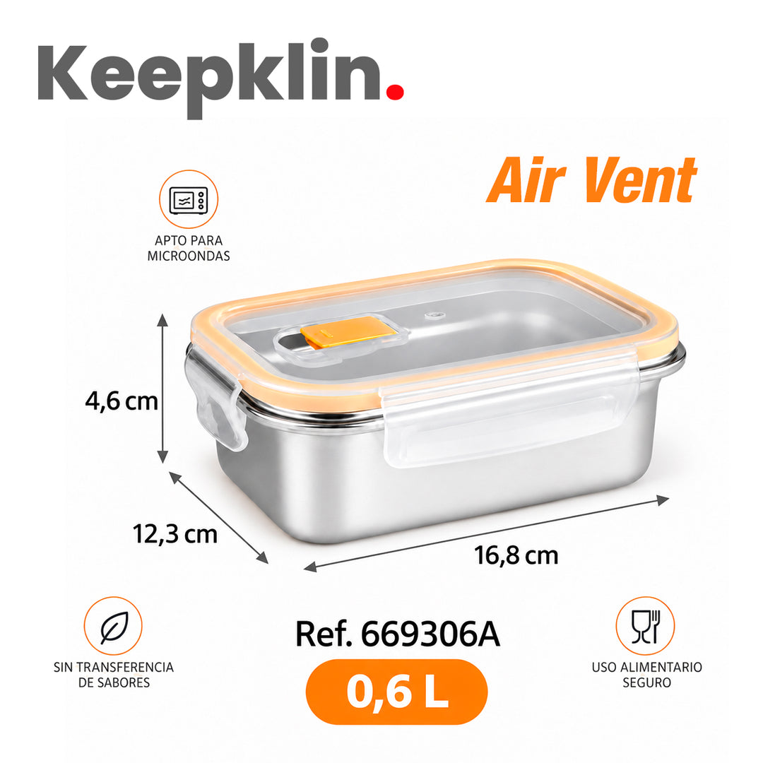 IBILI Keepklin Air Vent - Recipiente Rectangular de 0.6L en Acero Inoxidable Apto Microondas
